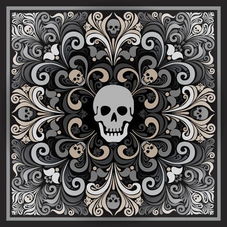 Russian National flower ornament Khokhloma and skull. Design bandanas, invitations, motorcycle club, rock, metal hipster style. Composition squared. tattoo. vectorのイラスト素材