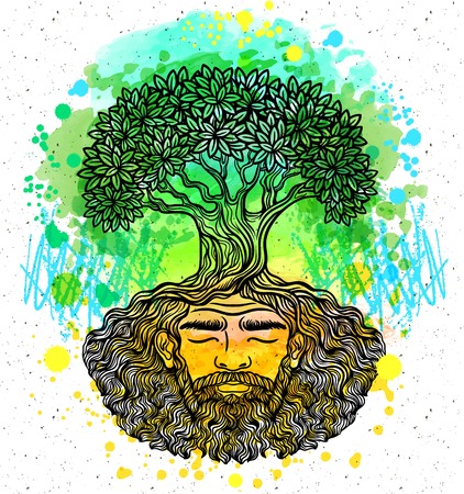 Bearded man. Watercolor texture. Beard of the roots.For hipster tattoo, coloring for adults,eco design t-shirt print, protect the environment. Pattern, zentangle,line art. Magic, Boho chik, hippieのイラスト素材