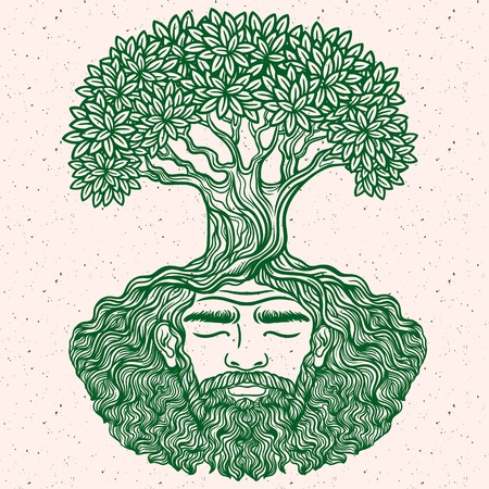 Bearded man. Allegorical tree spirit.Beard of the roots.For hipster tattoo, coloring for adults,eco design,t-shirt print, protect the environment. Pattern, zentangle,line art. Magic, Boho chik, hippieのイラスト素材