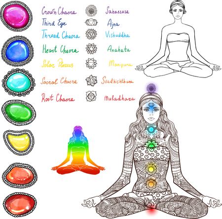 Woman sitting in yoga lotus pose with Tattoo mehendiのイラスト素材