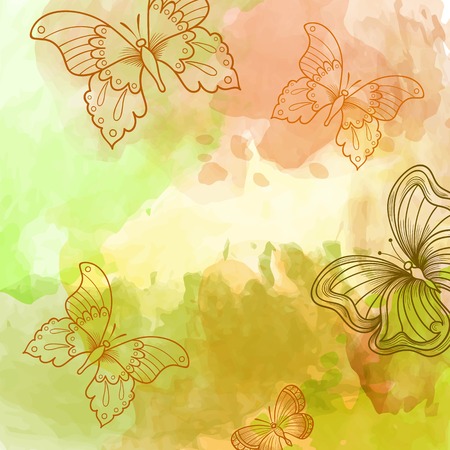 Watercolor abstract background with hand drawing floral pattern and butterflies. Autumn colorsのイラスト素材