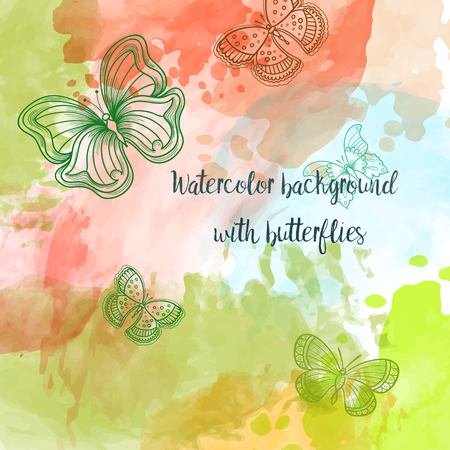 Watercolor abstract background with hand drawing floral pattern and butterflies. Autumn colorsのイラスト素材