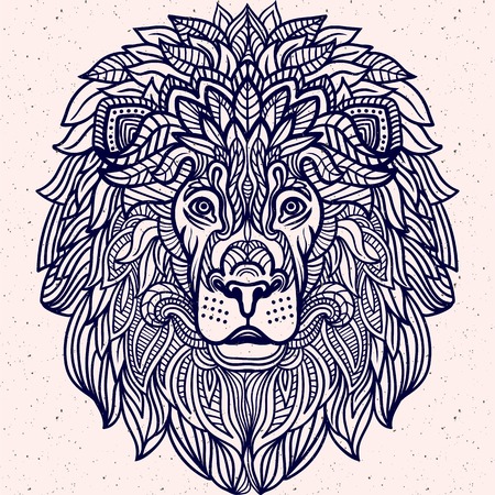 Detailed Lion in aztec filigree line art style. Tattoo, coloring page for adult. T-shirt animals design. Zodiac leo. tribal, decorative wool pattern. Vectorのイラスト素材