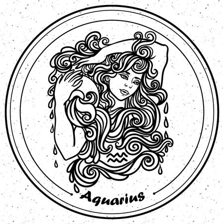 Detailed Aquarius in aztec filigree line art Paisley style. Tattoo, coloring page for adult. T-shirt design. Zodiac Aquarius tribal, decorative wool pattern.のイラスト素材