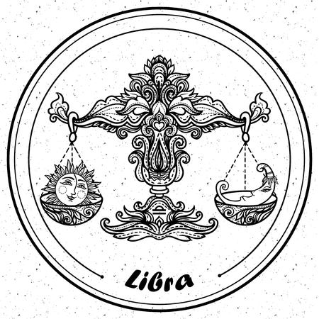 Detailed Libra in aztec filigree line art style. Tattoo, coloring page for adult. T-shirt design. Zodiac Libra tribal, decorative wool pattern.のイラスト素材