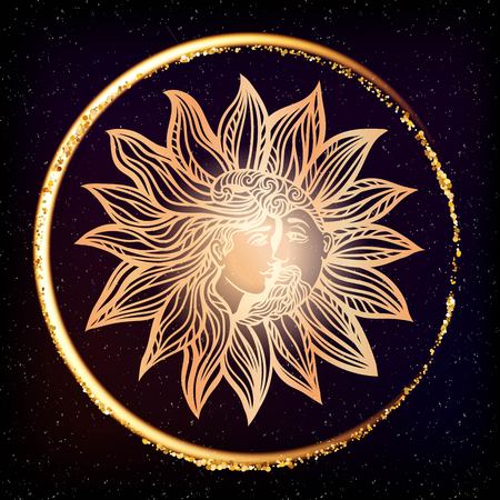 Bohemian sun and moon. Tattoo design.illustration. Alchemy occult symbol. Boho chic hipster filigree line art style. Gold glitter male and female loversのイラスト素材