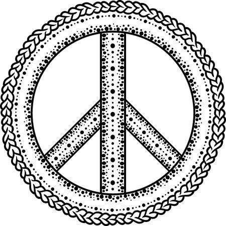 Sign pacifist, peace symbol, drawn by hand with a brush. Black Hippie sign on a white background. Isolated. Blackwork,dotwork Hipster Boho style tattooのイラスト素材