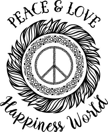 Sign pacifist, peace symbol, with a brush. Black Hippie sign on a white background. Isolated. Blackwork,dotwork Hipster Boho style tattoo. Peace and love.Happiness World letteringのイラスト素材