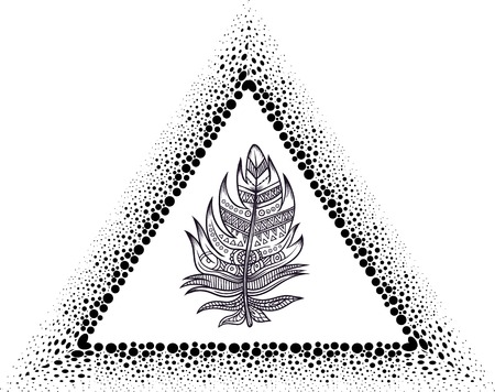 Blackwork tattoo flash. Dreamcatcher triangular shape with the pyramids, feathers and deer antlers. Tattoo design, mystic symbol. Boho hipster design. Print, posters, t-shirts and textiles.のイラスト素材