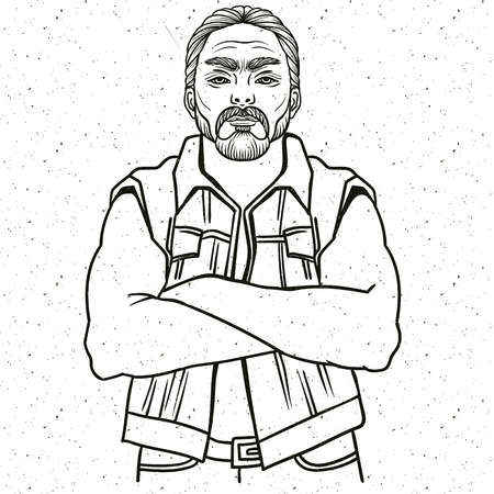 Young man bearded biker. illustration engraving style Best for tattoo salon poster, adult coloringbooks, t-shirt designのイラスト素材