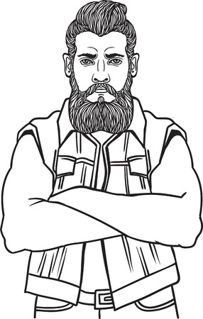 Young man bearded biker. illustration engraving style Best for tattoo salon poster, adult coloringbooks, t-shirt designのイラスト素材