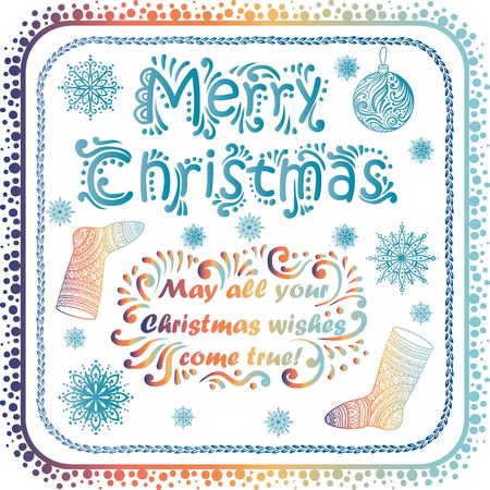 Merry Christmas Lettering greeting card.May all your Christmas wishes come true. Filigree line art vintage drawing decorations.のイラスト素材