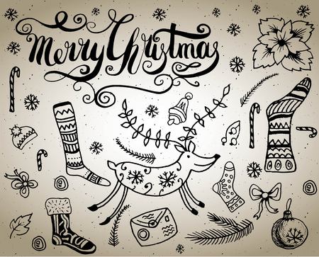 Hand drawing cartoon character,Merry christmas .Doodles vector illustration. Christmas deer, socks, decorationsのイラスト素材