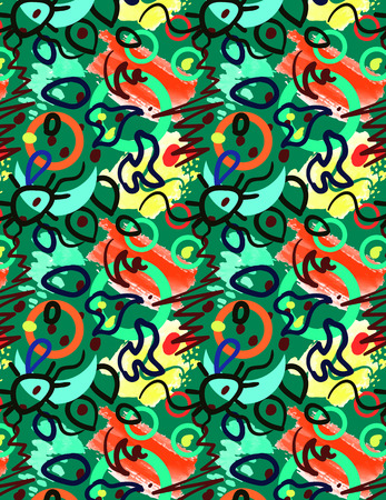 multicolor vector seamless pattern with abstract shapes. geometric art print. fashion 80s-90s. memphis style design. ethnic hipster backdrop. hand drawn. Wallpaper, cloth design, fabric, textile.のイラスト素材