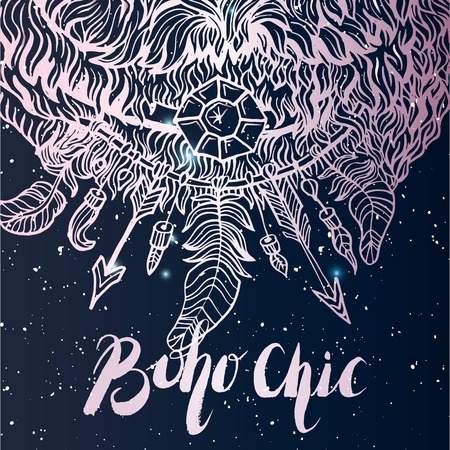 Vector.Hand drawn color boho chic lettering quote illustration. Handcrafted wool bear with floral ornament, dreamcatcher talisman, arrows,feathers and crystal.のイラスト素材