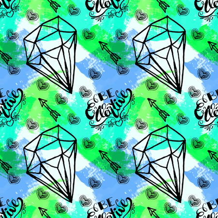Seamless vector pattern with handcrafted doodle crystals,arrows,lips,heart. Watercolor illustration. Be creative hand drawn lettering quote. Boho chic hipster fashion sketches styleのイラスト素材