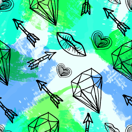 Seamless vector pattern with handcrafted doodle crystals,arrows,lips,heart. Watercolor illustrationのイラスト素材