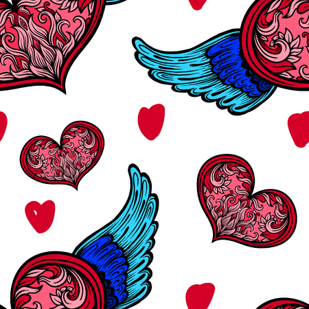 Angel wings with heart vector seamless pattern background. Boho chic backgroundのイラスト素材