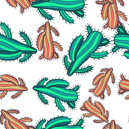 Seamless pattern with cactus and crystals. Hand drawn background.のイラスト素材
