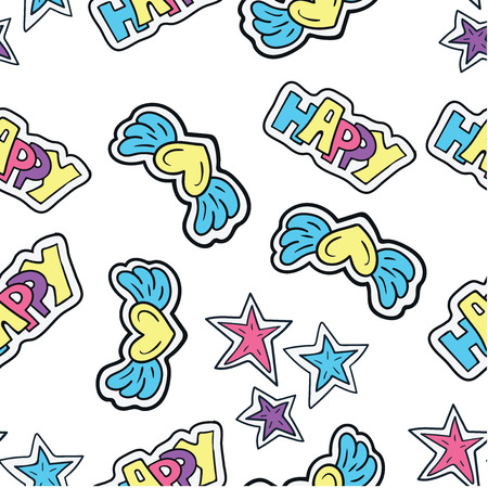 Hand drawn. Seamless pattern with cartoon doodle sticker in comics style with contour.のイラスト素材