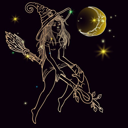 Vector Illustration of a Halloween Witch Flying on a Broomstickのイラスト素材