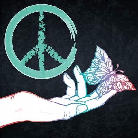 Peace and love pacific hippie symbol with hand and butterfly. EPS10 vectorのイラスト素材