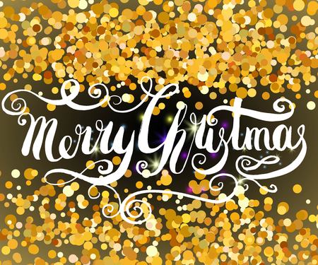 Merry Christmas handcrafted lettering on the gold shiny glitter background.のイラスト素材