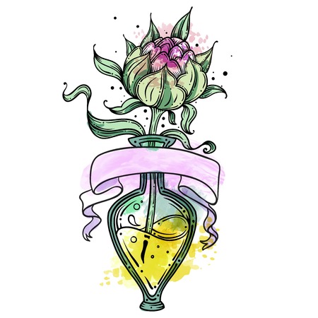 Vector hand drawn outline illustration of peony with watercolor, peony in glass vase, on white isolated background. Good for print. Ideas for postcards and logos, line art tattoos, stickersのイラスト素材