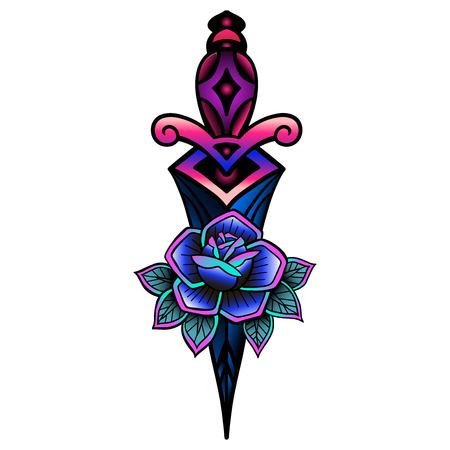Traditional tattoo with rose flowers and dagger knife. Colorful Tattoo.Vector illustration Old school tattoo line art. Suitable for printing transfer tattoos and stickers back to schoolのイラスト素材
