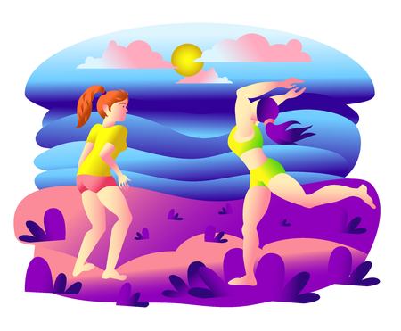 Volleyball player womans on thesunny Beach, sports in summer, Vector flat character illustration for animation. Flat design vector set. Indigo trend colorsのイラスト素材