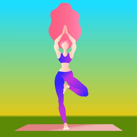 Woman long hair practice yoga tree pose. Sporty girl with long hair isolated on white yoga exercise pose. Flat character design. Indigo fashion colors. Vector illustrationのイラスト素材