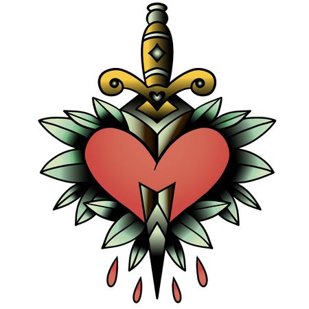 Old school style tattoo dagger through a heart with green leaves in the background. Editable vector illustration.のイラスト素材