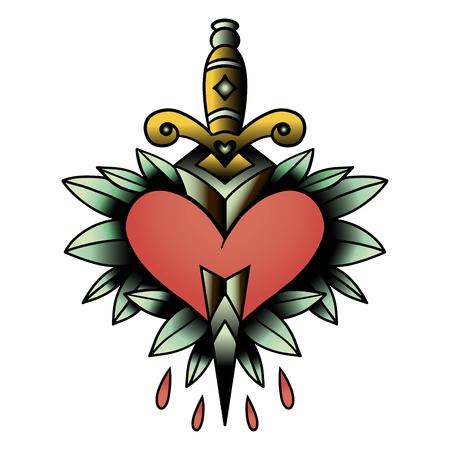 Old school style tattoo dagger through a heart with green leaves in the background. Editable vector illustration.のイラスト素材