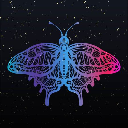 Hand-draw of monarch butterfly on a paper backround. Vector illustration. Place for your text. Hand drawn line art elegance tattooのイラスト素材