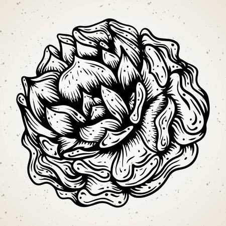 Graphical black and white peony bud, sketch, isolated on a white background. Vector. Engraving elegance line art blackwork tattooのイラスト素材