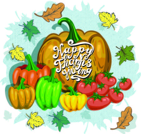 Thanksgiving Day banner with lots of vegetables. Pumpkin, sweet pepper, tomatoes. design elements of autumn leaves. Hand written calligraphy lettering. Textile texture background.のイラスト素材