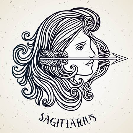Beautiful line art filigree zodiac symbol. Black sign on vintage background.Elegant jewelry tattoo.Engraved horoscope symbol.Doodle mystic drawing with calligraphy lettering.Saggitariusのイラスト素材