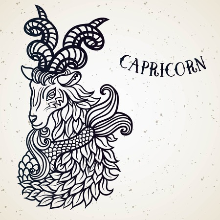 Beautiful line art filigree zodiac symbol. Black sign on vintage background.Elegant jewelry tattoo. horoscope symbol.Doodle mystic drawing with calligraphy lettering.Capricornのイラスト素材