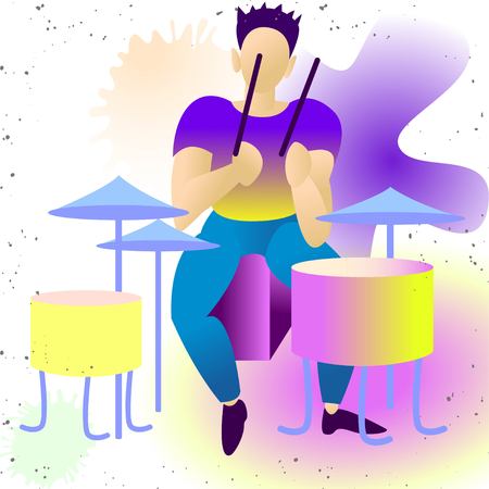 Young beautiful rock star drummer behind the drum set. Isolated vector illustration. Trendy flat rock stars, pop, jazz, characters. Flat character cartoon illustration in colorful juicy color palette.のイラスト素材