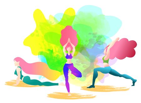 A woman started in yoga with a cobra pose. Bhujangasana. Colorful vector illustration Flat character design. Indigo fashion colors.Colorful watercolor background.のイラスト素材