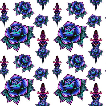 Old school retro vintage doodle tattoo seamless pattern.Rose,knife.continuous openwork emblems symbols.Vector line art oldschool tattoo illustration. Best for printing wrapping paperのイラスト素材