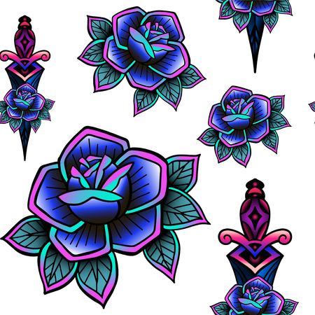 Old school retro vintage doodle tattoo seamless pattern.Rose,knife.continuous openwork emblems symbols.Vector line art oldschool tattoo illustration. Best for printing wrapping paperのイラスト素材