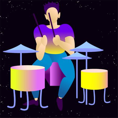 Young beautiful rock star drummer behind the drum set. Isolated vector illustration. Trendy flat rock stars, pop, jazz, characters. Flat character cartoon illustration in colorful juicy color palette.のイラスト素材