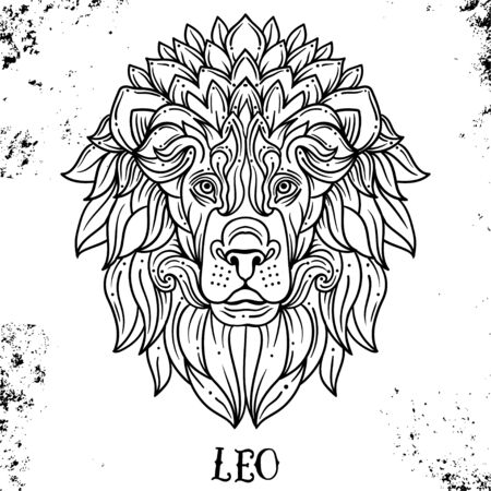 Beautiful line art filigree zodiac symbol. Black sign on vintage background.Elegant jewelry tattoo.Engraved horoscope symbol or coloring book.Doodle mystic drawing with calligraphy lettering.Leoのイラスト素材