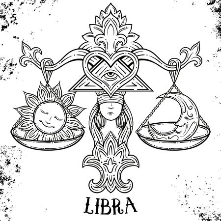 Beautiful line art filigree zodiac symbol.Elegant jewelry tattoo.horoscope symbol.Doodle mystic drawing for coloring book.Line art vintage tattooo.Libra with third eye.goddess of justiceのイラスト素材