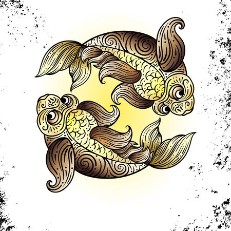Beautiful line art filigree zodiac s sign on vintage background.Elegant jewelry tattoo.For printing Removable Temporary Tattoo Sticker Body Art Multicolor.Pisces. Line art vintage tattoooのイラスト素材