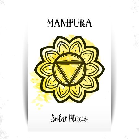 Chakra Manipura. For greeting cards, print design. Vector illustration.Manipura icon. The third sun chakra. Line symbol. Sacral sign. Meditation Solar Chacra. Yellow watercolor splashes.のイラスト素材