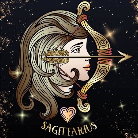 Beautiful line art filigree zodiac symbol. Black sign on vintage background.Elegant jewelry tattoo.Engraved horoscope symbol.Doodle mystic drawing with calligraphy lettering.Saggitariusのイラスト素材