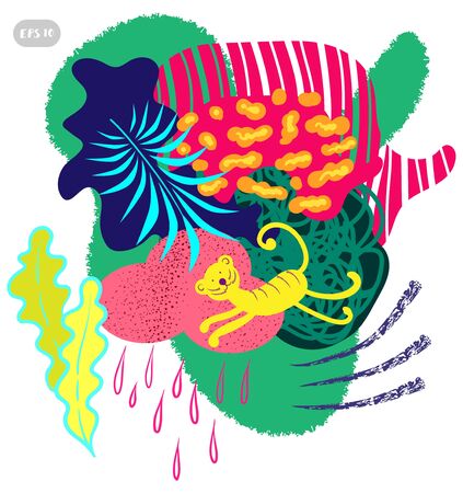 Geometric pattern design. Exotic plants, tiger, tropical leaves on a bright colorful background. Bright juicy tones, all according to the layout, fashionable Memphis style and bizarre shapes.のイラスト素材
