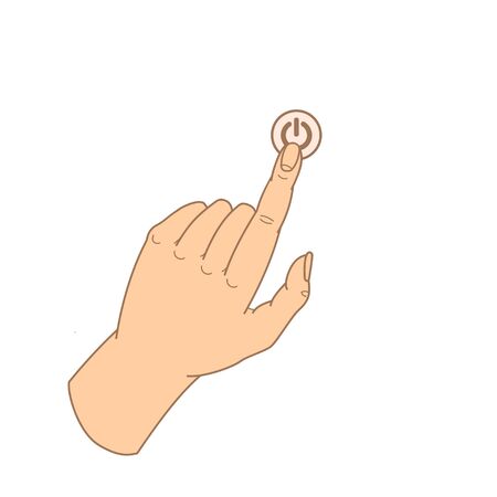 The human hand. The index finger presses the button. Realistic flat illustration. Vector clipart. Pointing finger.Line art drawing hand with forefinger pressing an imaginable button, sketch hand.のイラスト素材